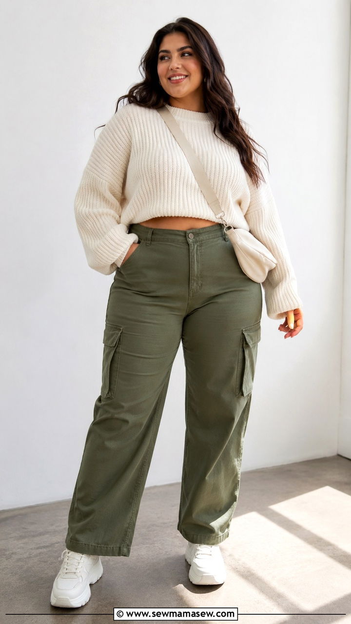 Cropped Sweater with Utility Cargo Pants - 30 spring plus size outfit ideas