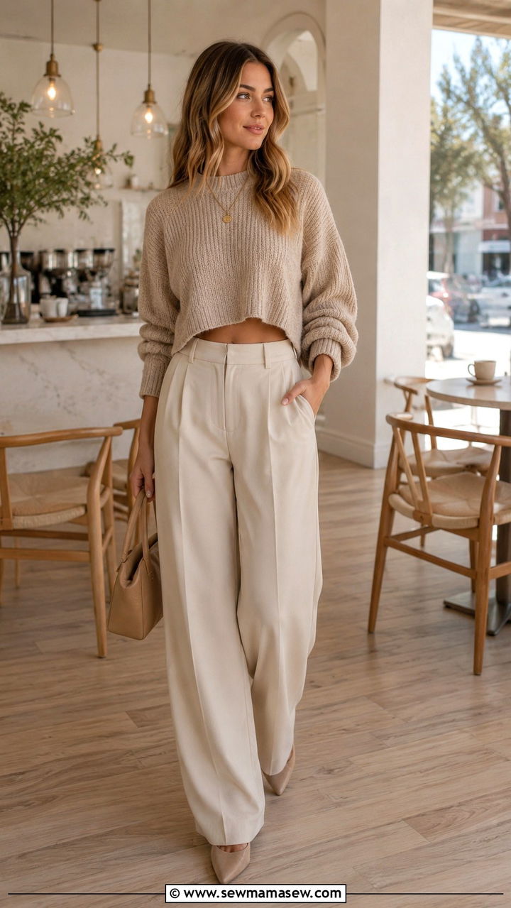 Cropped Sweater with Wide Leg Trousers - 20 Relaxed spring outfit ideas 2026