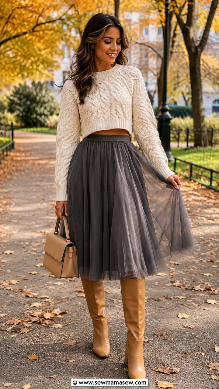 Cropped Sweater with a Tulle Skirt and Knee High Boots - 20 Tulle skirt outfit ideas with a crop top