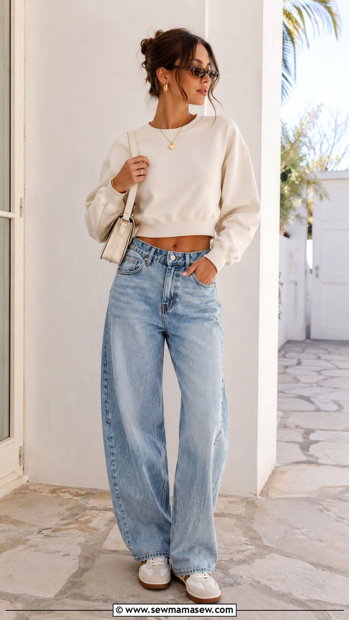 Cropped Sweatshirt With Barrel Leg Jeans and Sneakers - 30 spring sporty chic outfits