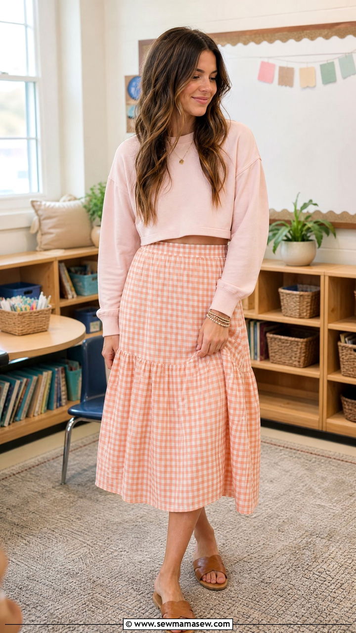 Cropped Sweatshirt With Gingham Midi Skirt Outfit - 30 summer outfits for teachers