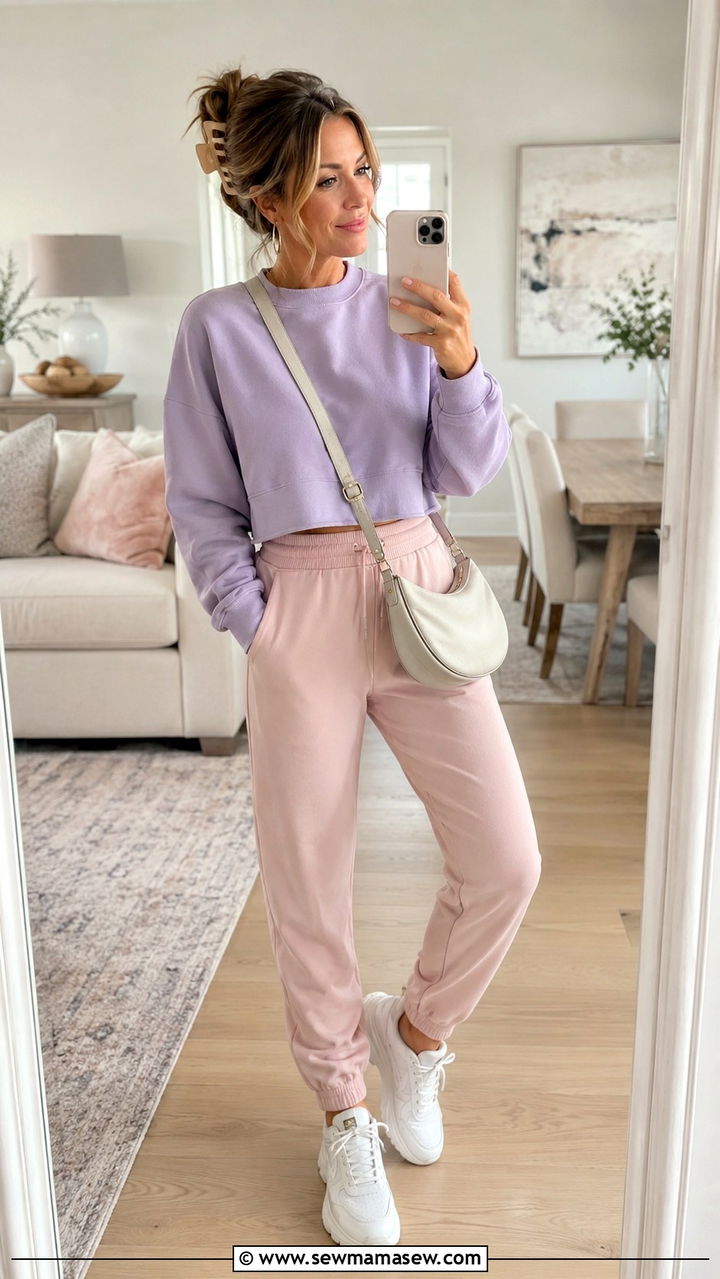 Cropped Sweatshirt With High Waisted Joggers And Dad Sneakers - 30 Sporty chic outfit ideas for women over 40