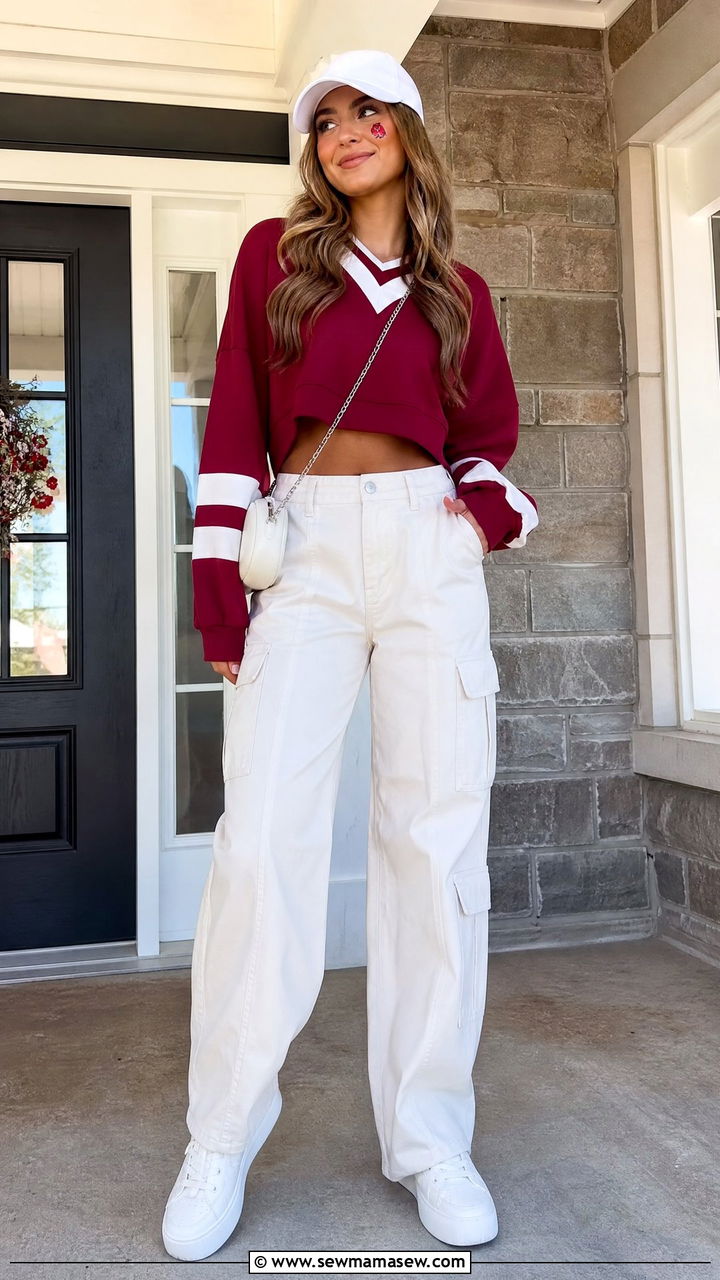 Cropped Sweatshirt and Cargo Pants Game Day Outfit - 25 Gameday outfit ideas high school