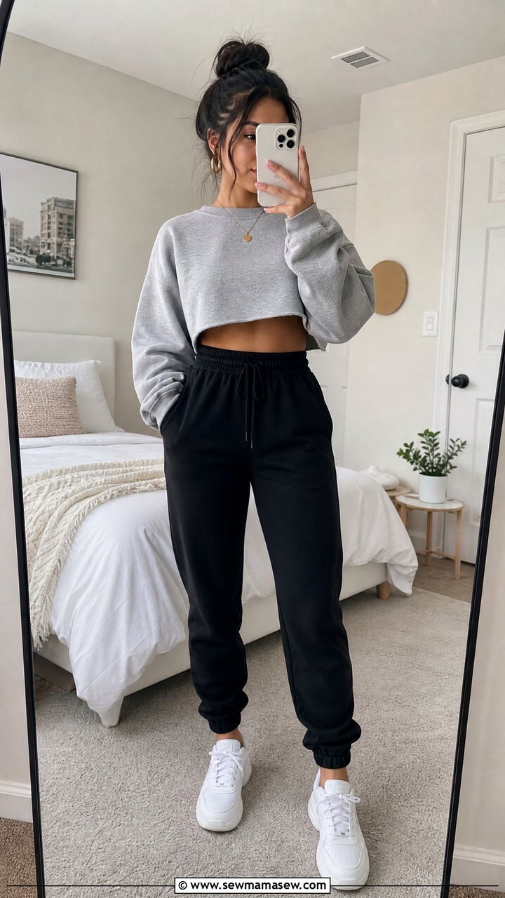 Cropped Sweatshirt and High Waist Joggers Petite - 25 Loungewear outfit ideas petite