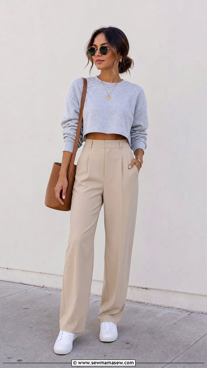 Cropped Sweatshirt and High Waisted Trousers Streetwear Look - 30 summer streetwear outfit ideas