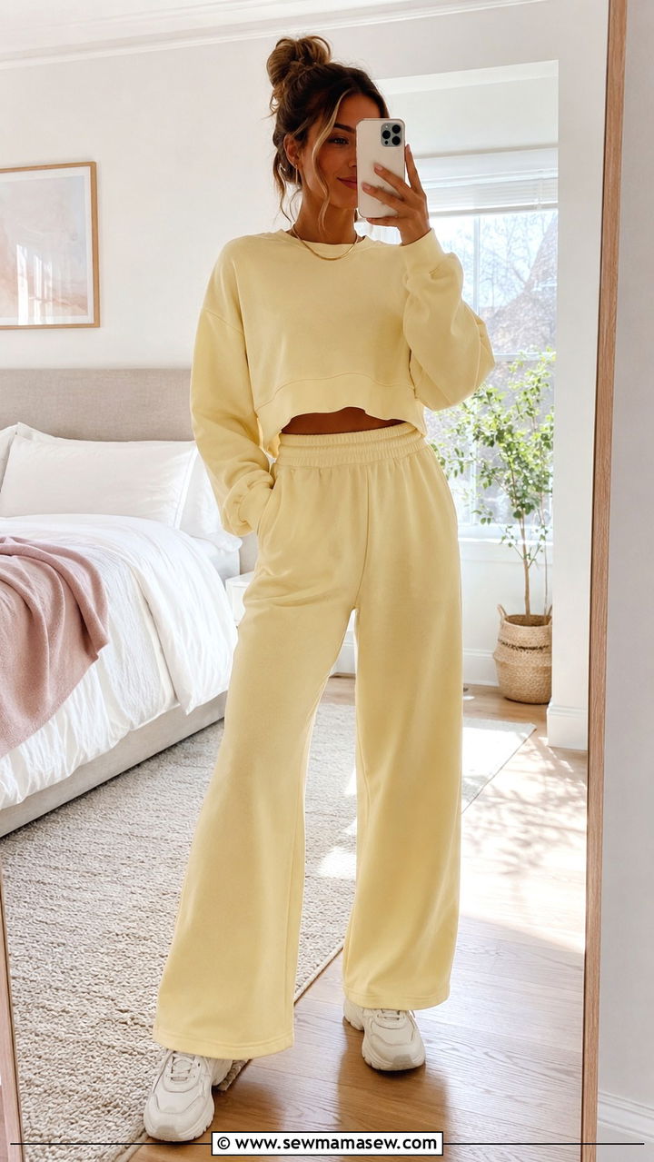 Cropped Sweatshirt and High Waisted Wide Leg Lounge Pants - 30 Loungewear outfit ideas spring