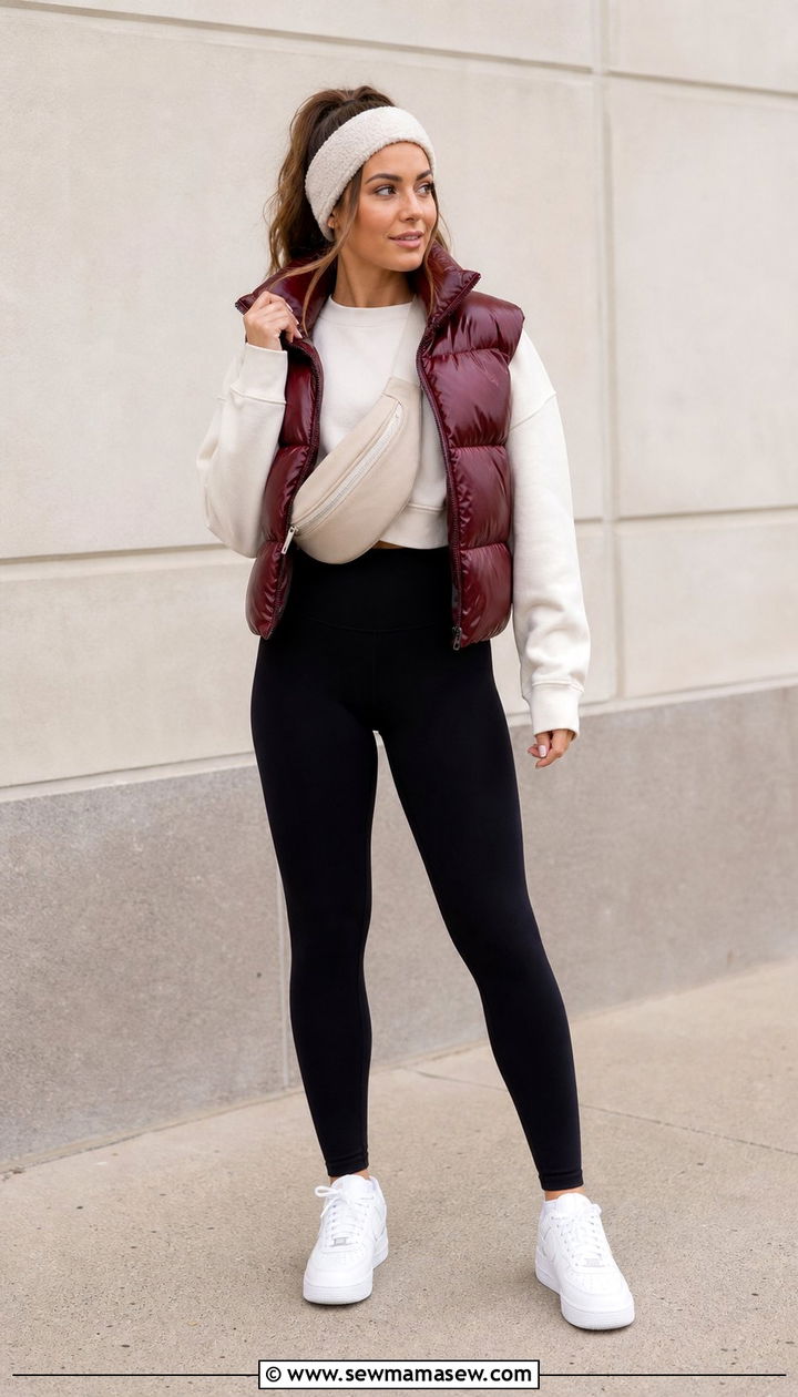 Cropped Sweatshirt and Puffer Vest Outfit - 25 cute sporty chic outfits