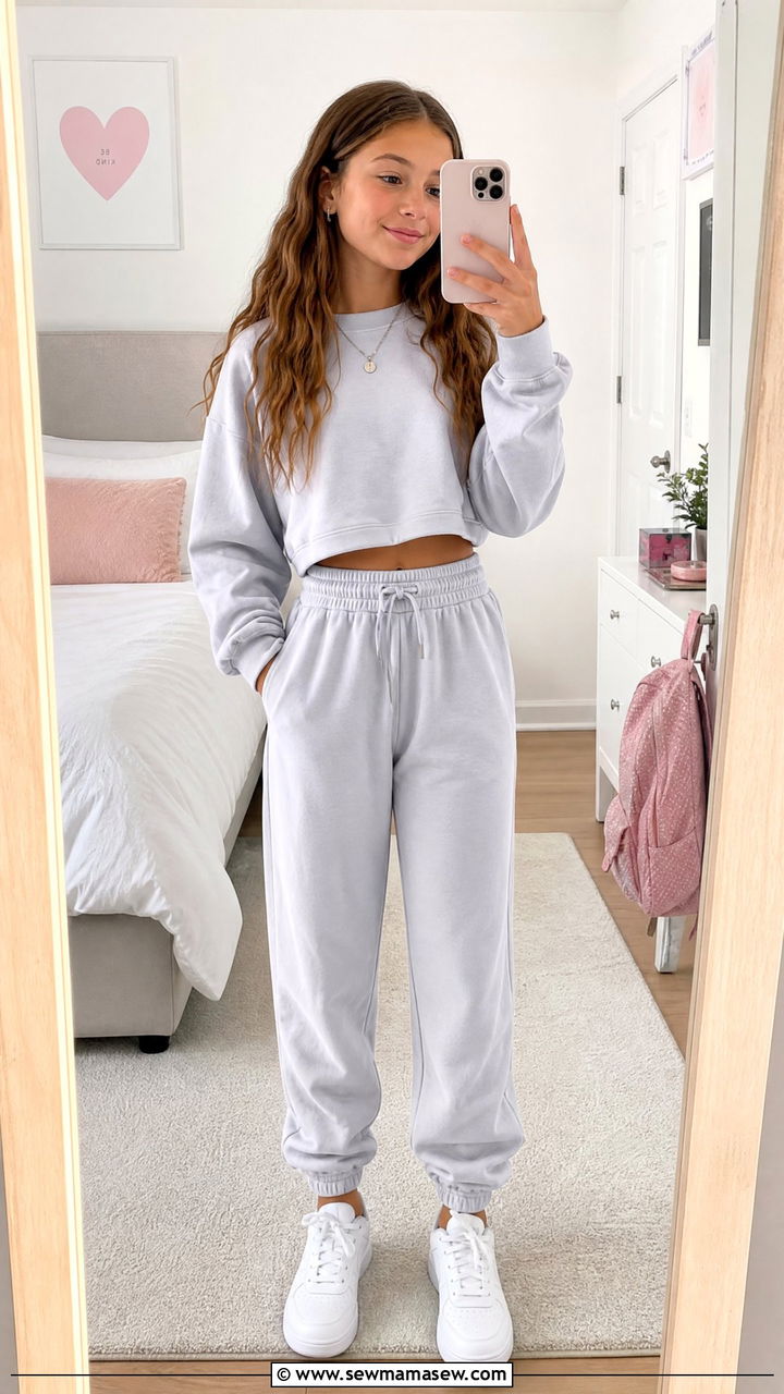 Cropped Sweatshirt with High Waisted Joggers Outfit - 25 Tween outfit ideas for 11 year olds