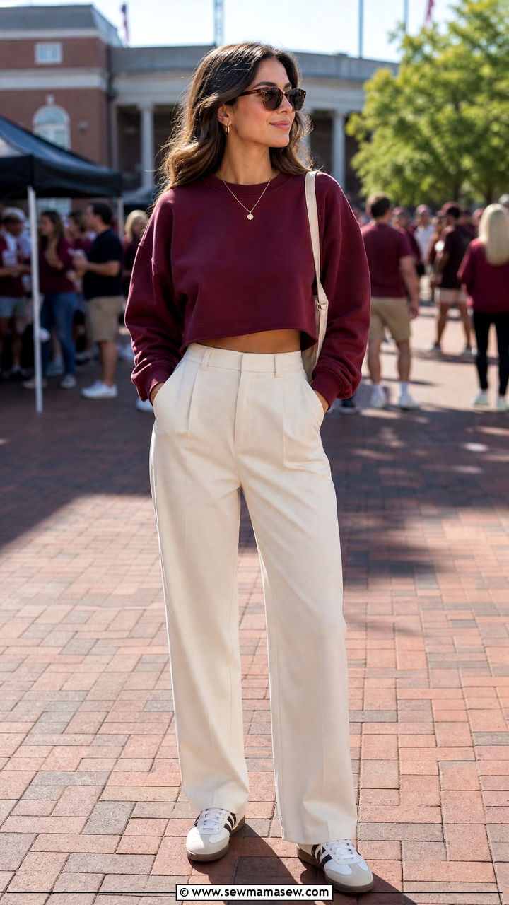 Cropped Sweatshirt with High Waisted Trousers - 35 Gameday outfit ideas college