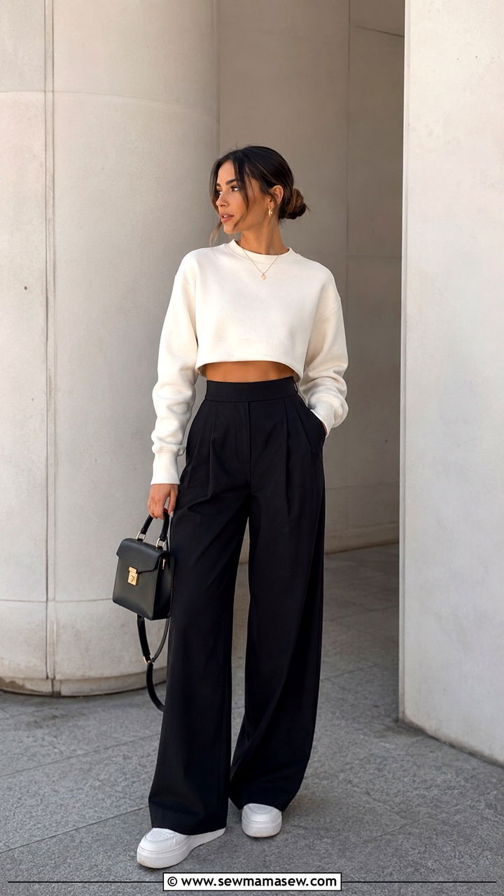 Cropped Sweatshirt with High Waisted Wide Leg Pants - 30 How to style a sweatshirt
