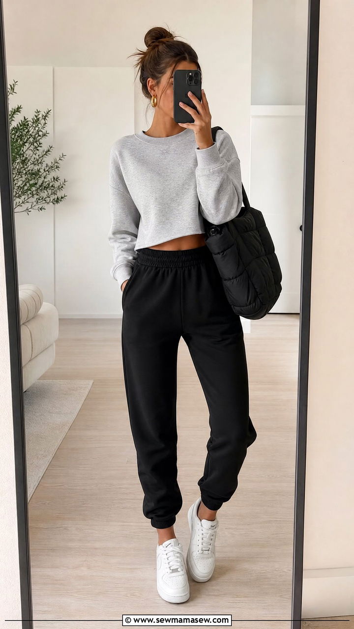 Cropped Sweatshirt with Joggers Outfit - 30 coffee run outfit ideas