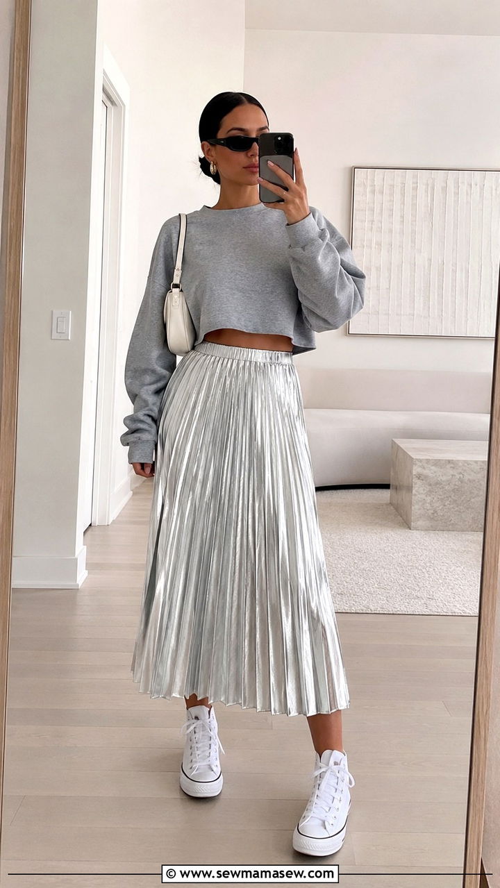 Cropped Sweatshirt with Metallic Pleated Skirt - 30 transitional skirt outfit ideas