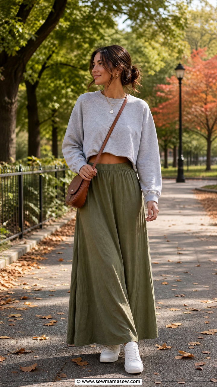 Cropped Sweatshirt with a Maxi Skirt - 30 summer to fall outfit ideas
