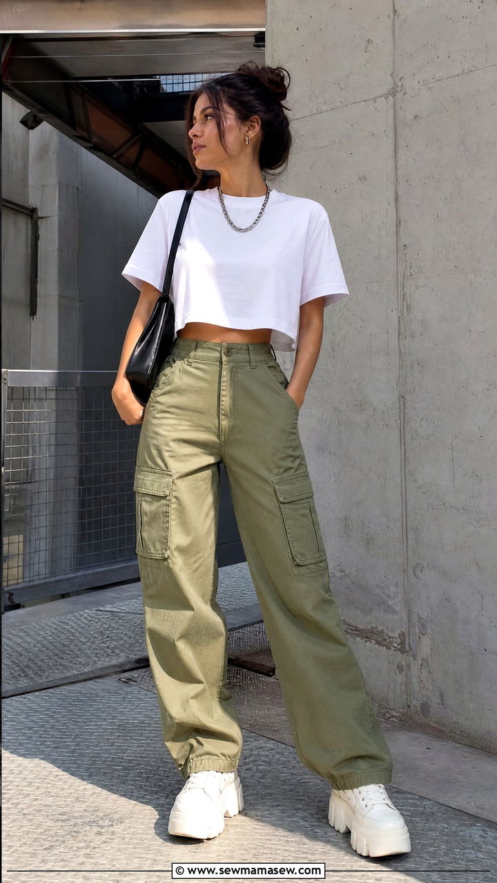 Cropped T Shirt With High Waist Cargo Pants and Platform Sneakers - 35 how to style basic t-shirt