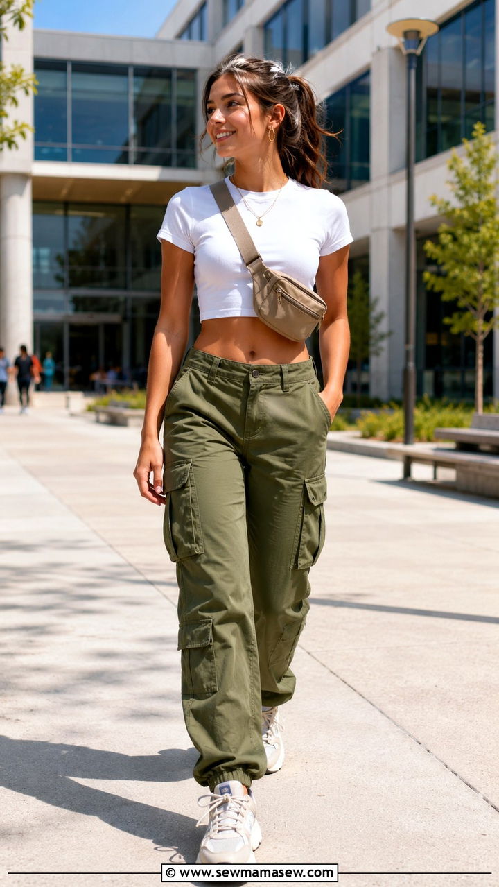 Cropped T Shirt and Cargo Pants - 30 Outfit ideas for college girls
