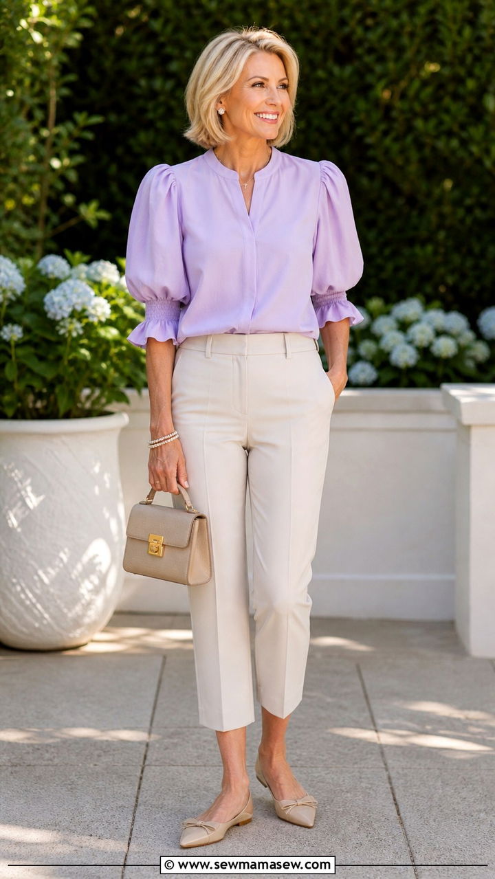 Cropped Tailored Pants and Puff Sleeve Blouse - 40 Summer outfit ideas for women over 50 2026