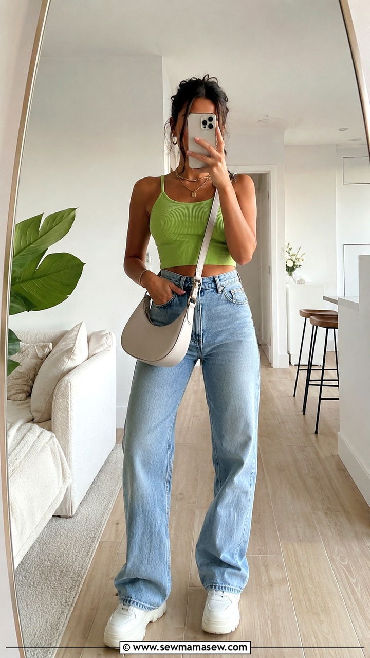 Cropped Tank Top With High Waisted Jeans And Platform Sneakers - 30 tank top outfit ideas for women