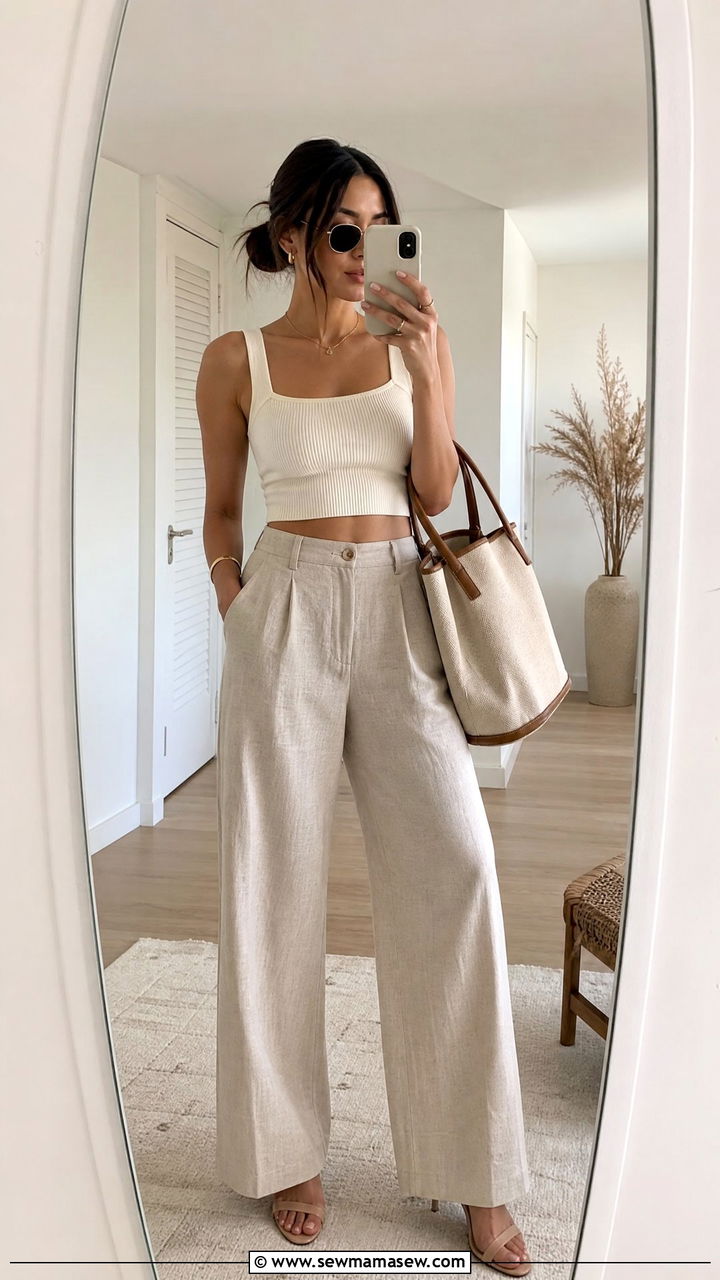 Cropped Tank Top With Wide Leg Linen Trousers - 30 Summer capsule wardrobe for petite women
