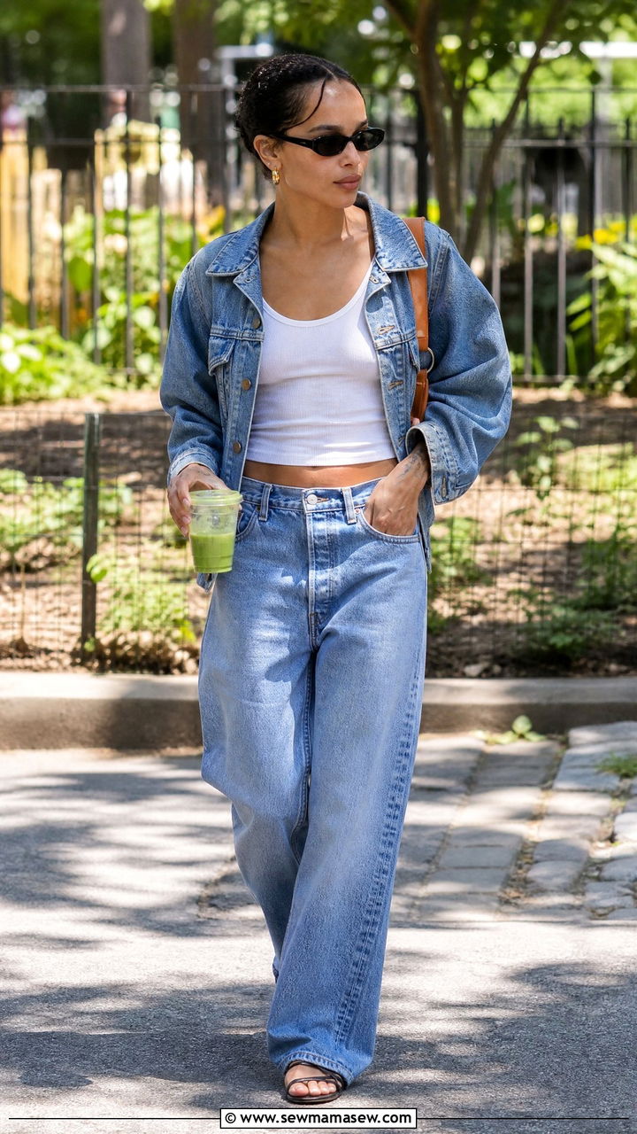 Cropped Tank With Baggy Jeans and Relaxed Jacket - 20 Zoe Kravitz spring outfit ideas