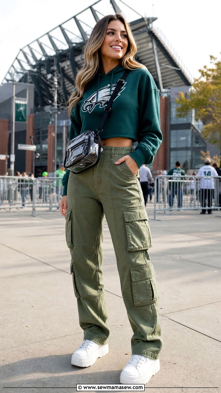 Cropped Team Hoodie Paired with High Waisted Cargo Pants and Platform Sneakers - 25 Gameday outfit ideas NFL