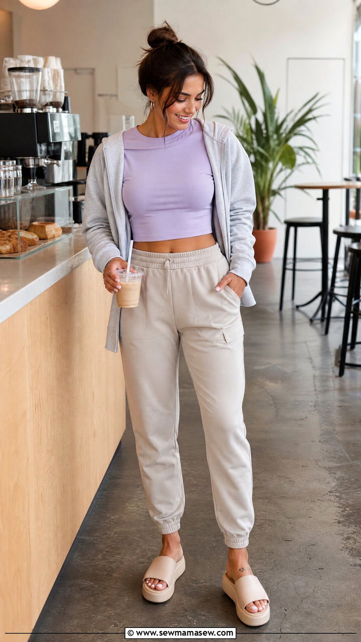 Cropped Tee And High Waisted Joggers With Platform Sandals - 30 Summer outfit ideas for barista