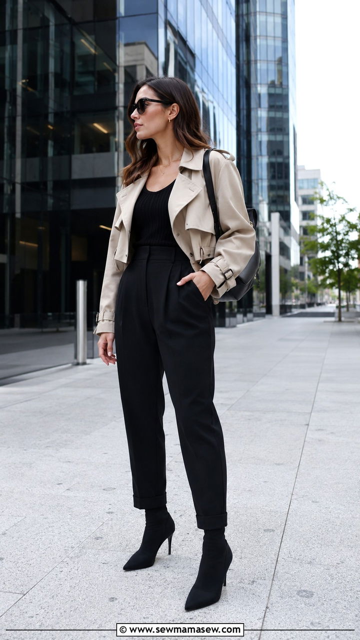 Cropped Trench And High Waist Trousers Outfit - 25 transitional travel outfit ideas