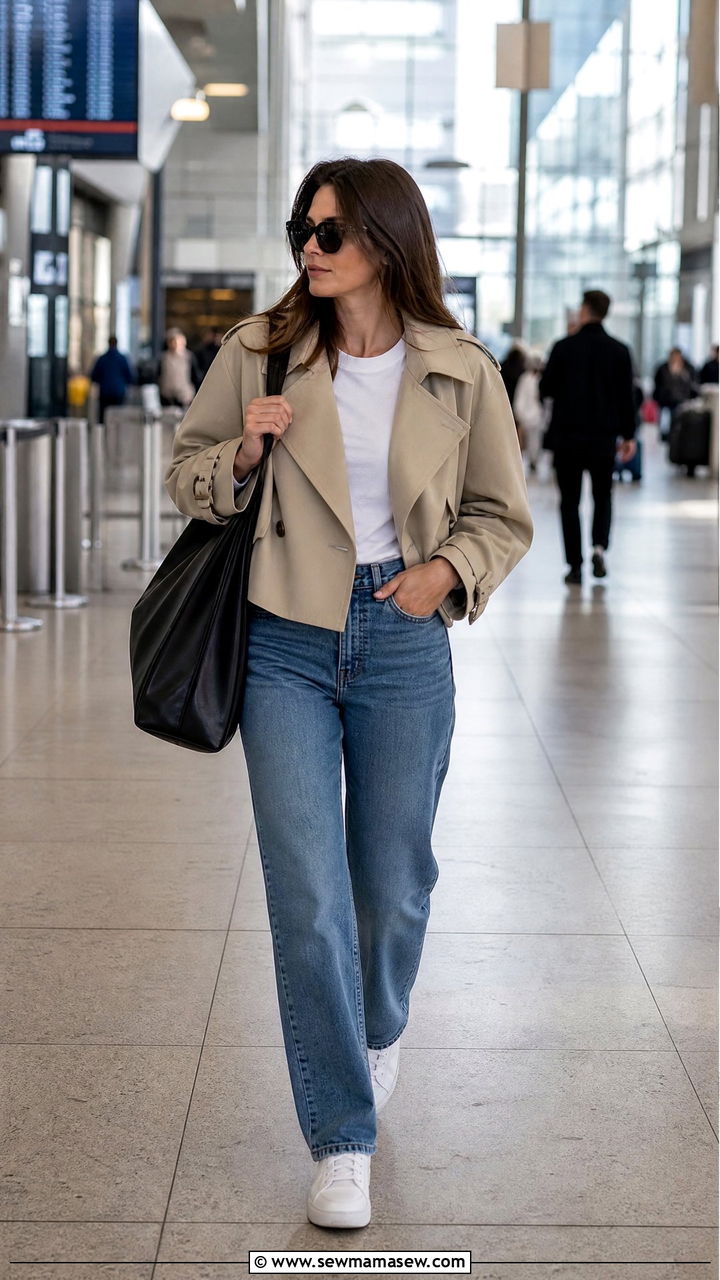 Cropped Trench And White Sneakers Airport Outfit - 30 Europe airport outfit ideas
