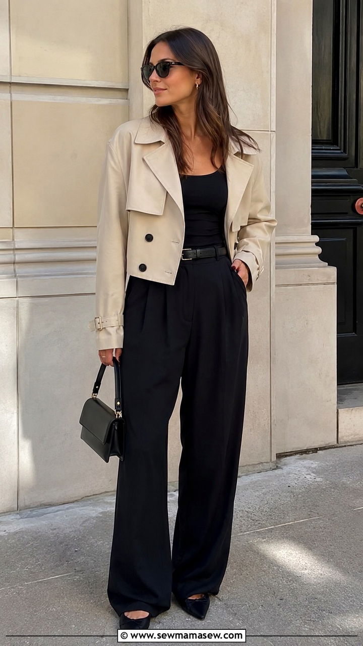 Cropped Trench Coat And Wide Leg Pants Brunch Look - 30 brunch outfits inspo