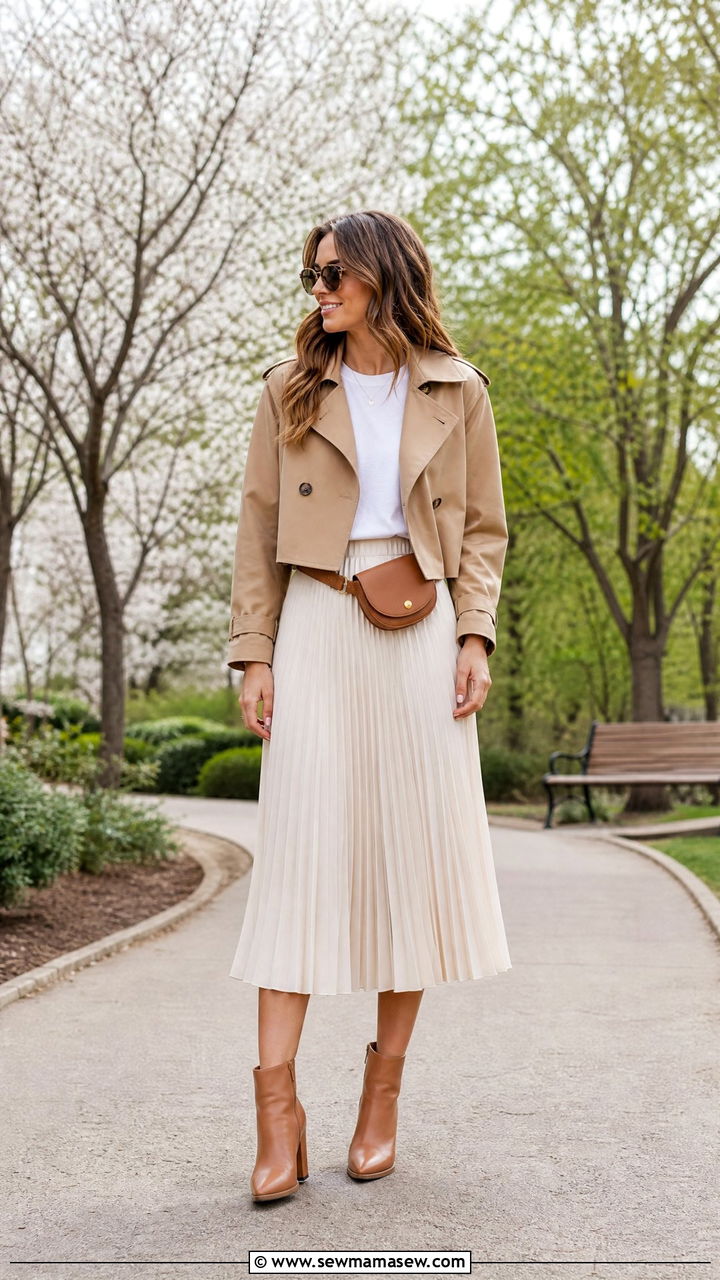 Cropped Trench Coat Outfit With Pleated Mid Length Skirt - 20 how to style cropped trench coat