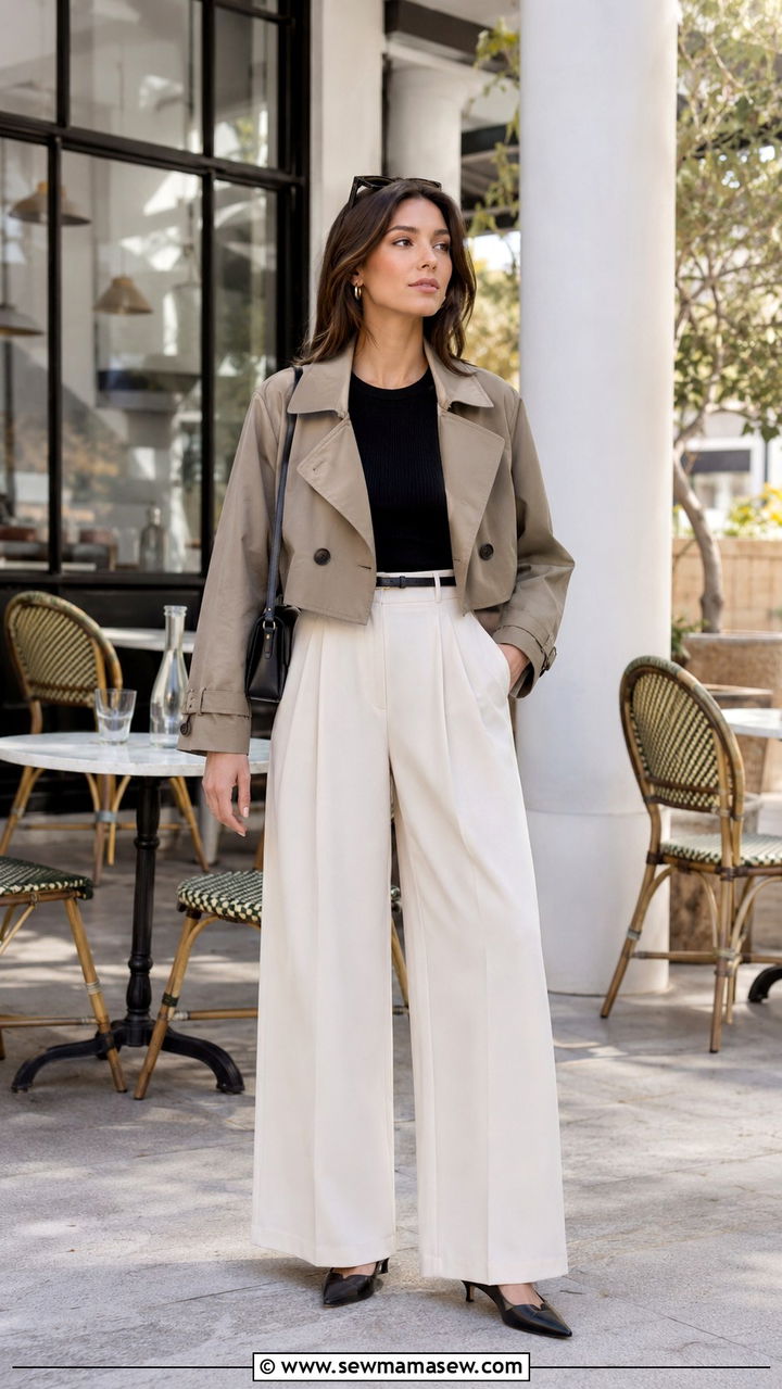 Cropped Trench Coat Outfit With WideLeg Pants - 30 spring trench coat outfit ideas