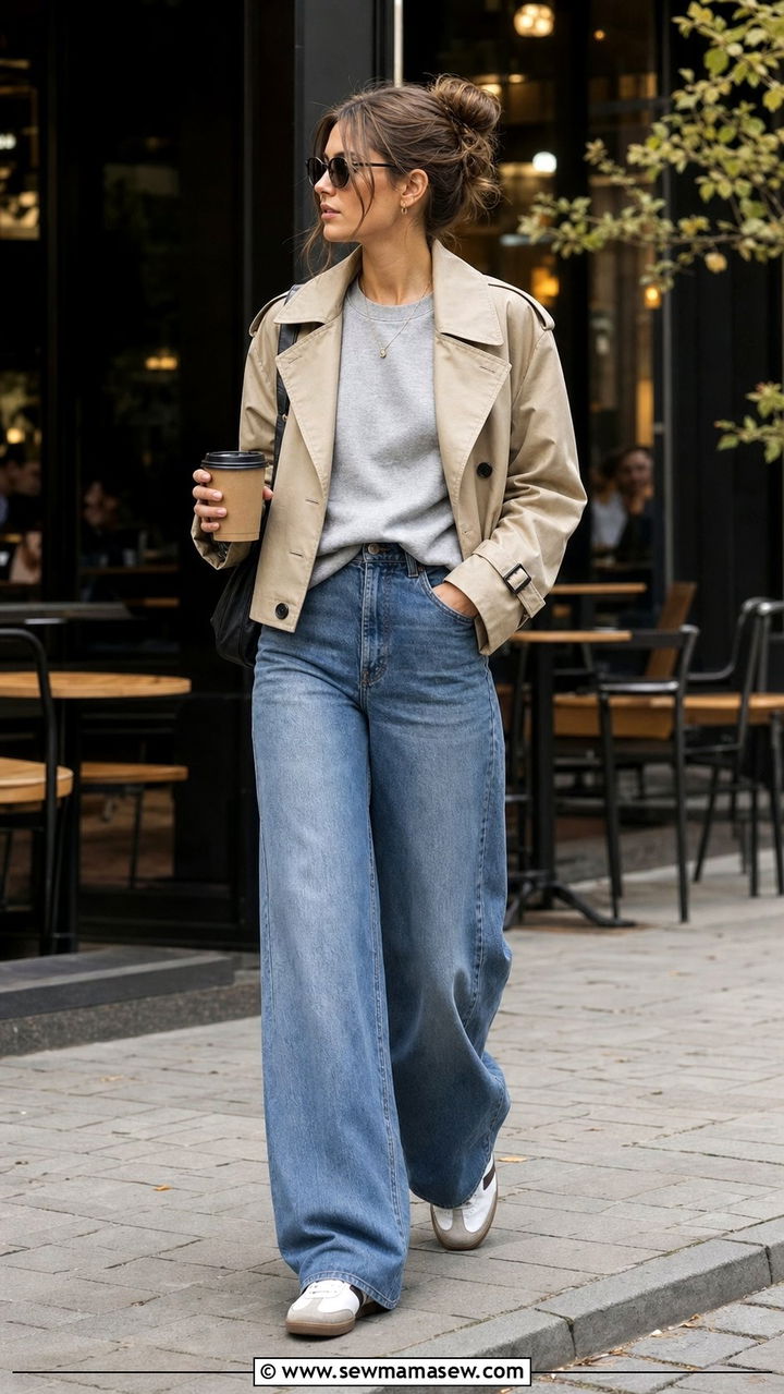 Cropped Trench Coat Over A Crewneck Sweatshirt And Wide Leg Jeans - 35 casual cropped trench coat outfits