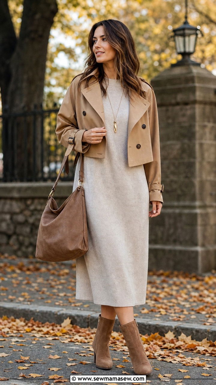 Cropped Trench Coat Over A Knit Midi Dress And Ankle Boots - 35 casual cropped trench coat outfits