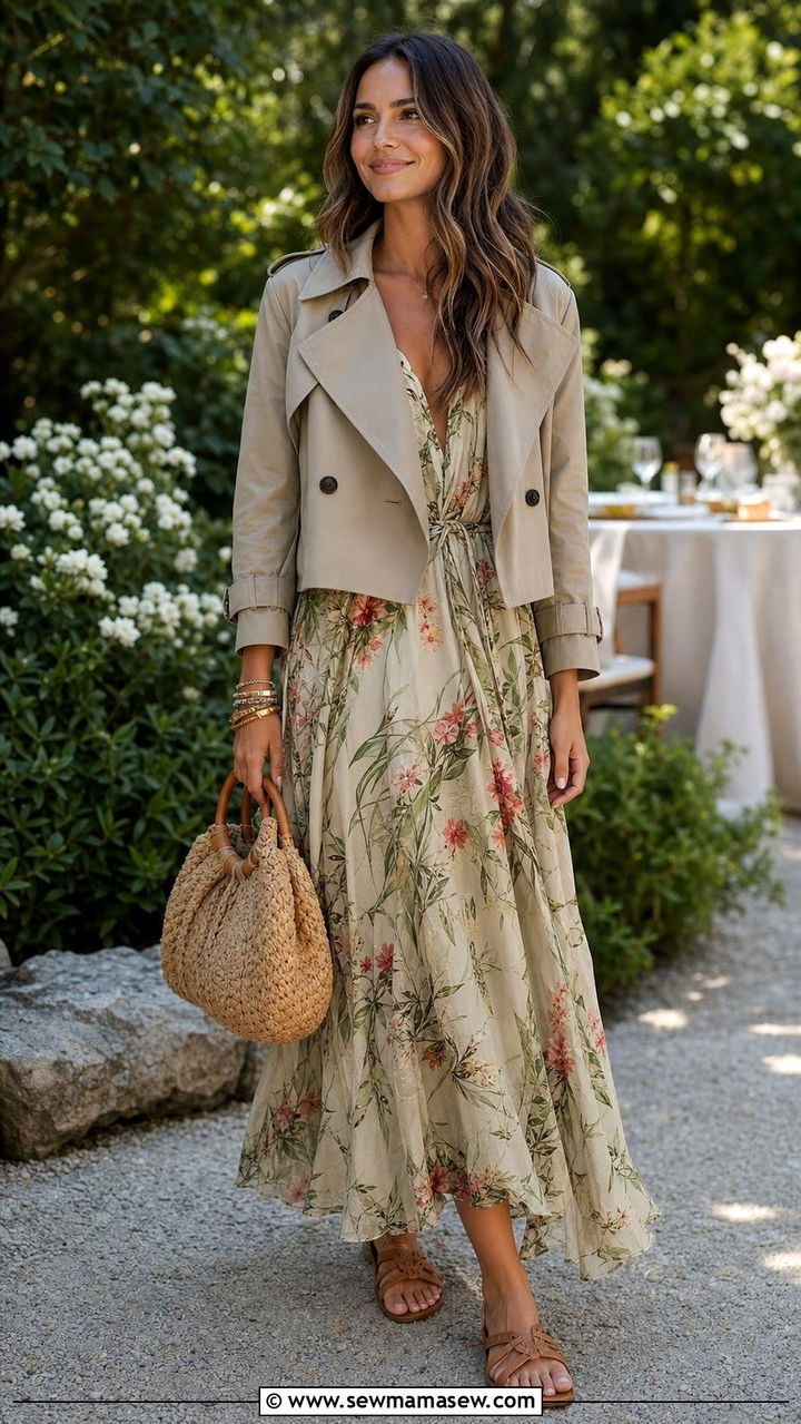 Cropped Trench Coat Over A Maxi Dress And Flat Sandals - 35 casual cropped trench coat outfits