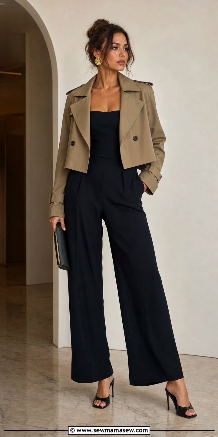 Cropped Trench Coat Over A Strapless Jumpsuit And Heeled Mules - 35 casual cropped trench coat outfits
