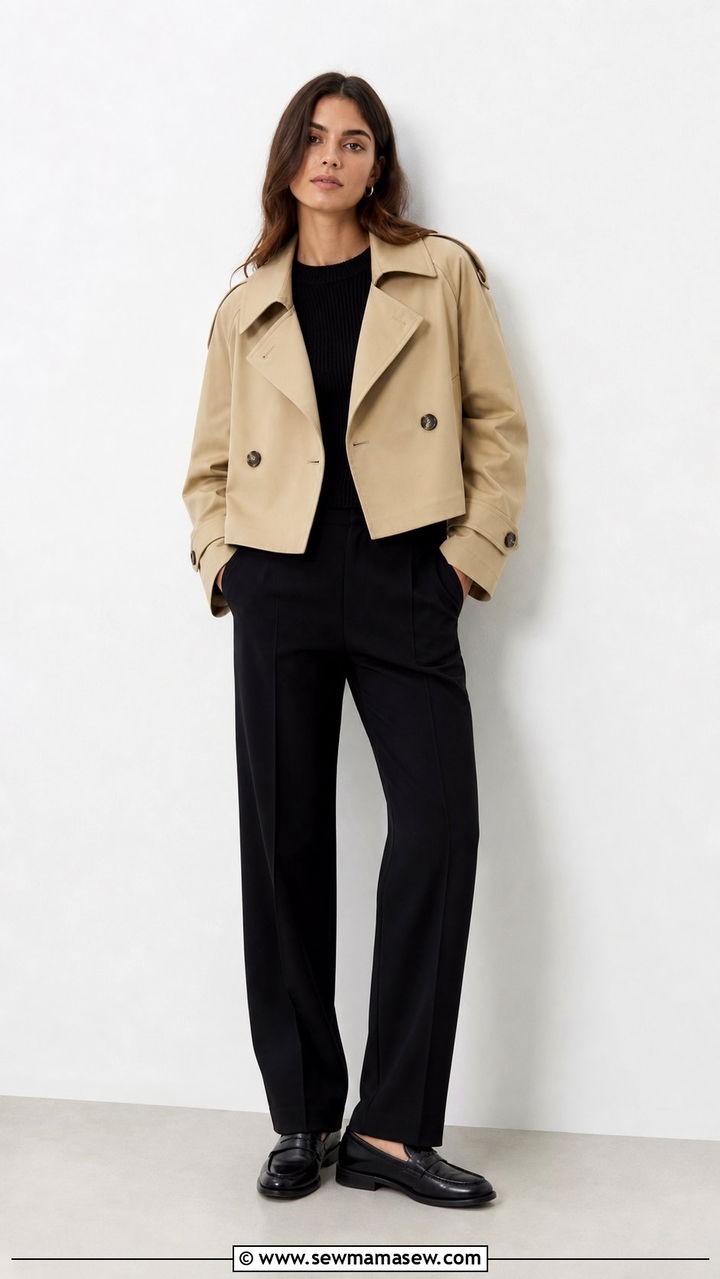 Cropped Trench Coat Over All Black - 25 spring cropped trench coat outfit ideas