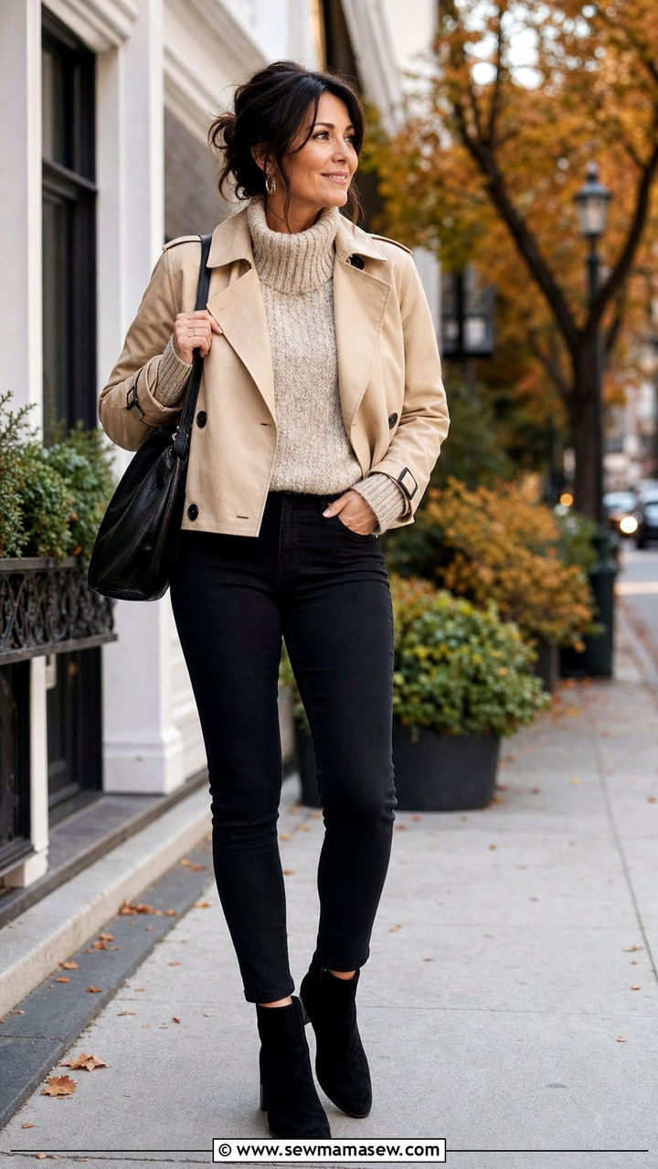 Cropped Trench Coat Over Sweater And Black Skinny Jeans - 25 cropped trench coat outfits for women over 40