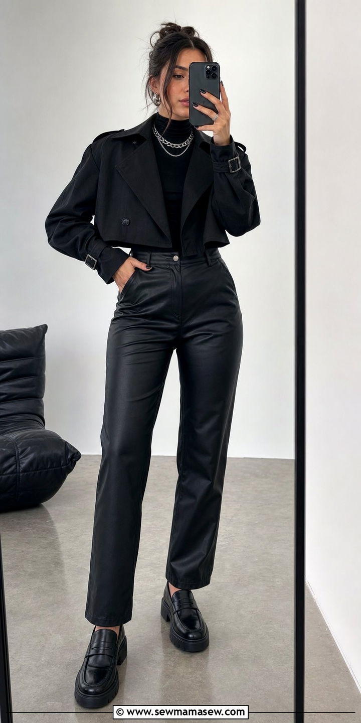 Cropped Trench Coat With A Black Turtleneck And Faux Leather Pants - 35 casual cropped trench coat outfits