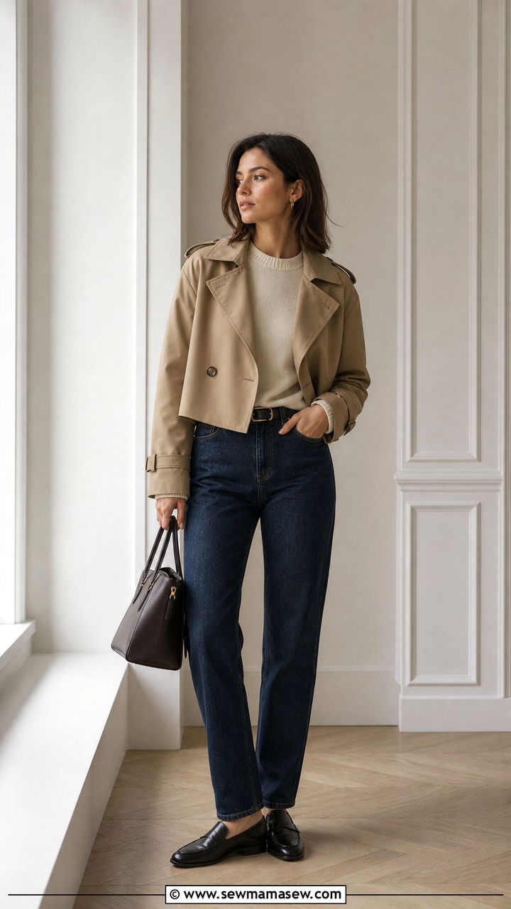 Cropped Trench Coat With A Cashmere Sweater And Dark Wash Jeans - 35 casual cropped trench coat outfits