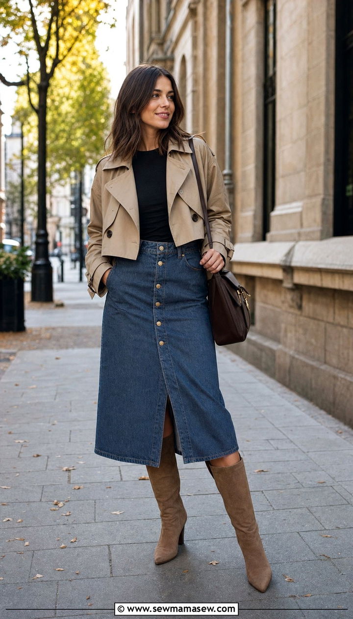 Cropped Trench Coat With A Denim Skirt And Knee High Boots - 35 casual cropped trench coat outfits