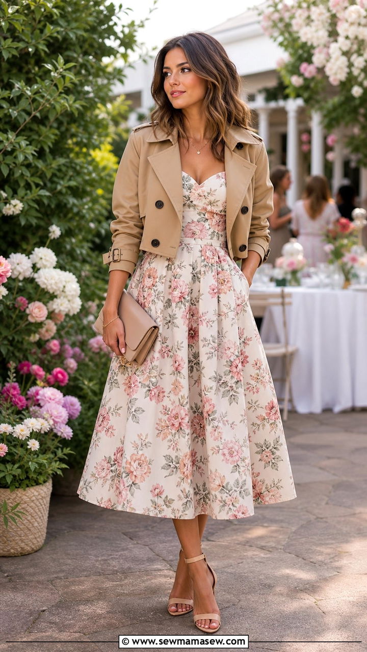 Cropped Trench Coat With A Floral Dress - 25 spring cropped trench coat outfit ideas