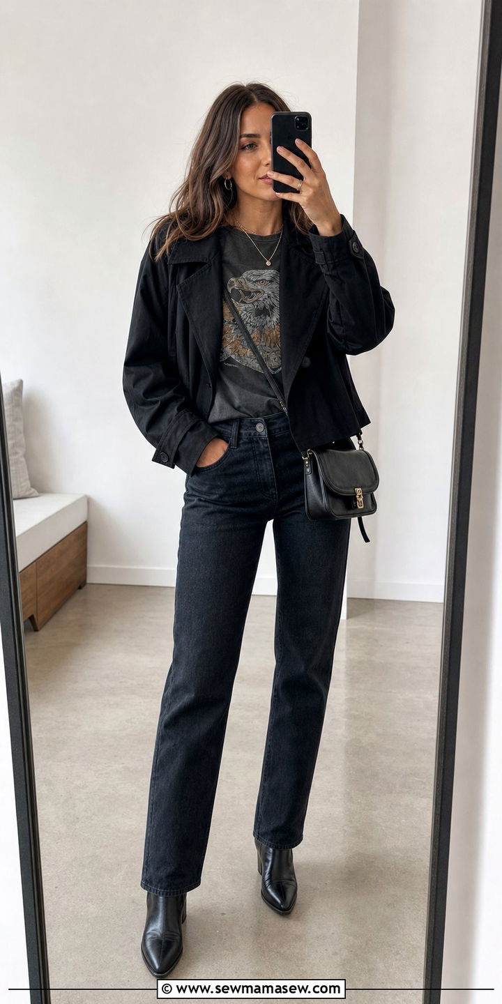 Cropped Trench Coat With A Graphic Tee And Dark Wash Jeans - 35 casual cropped trench coat outfits