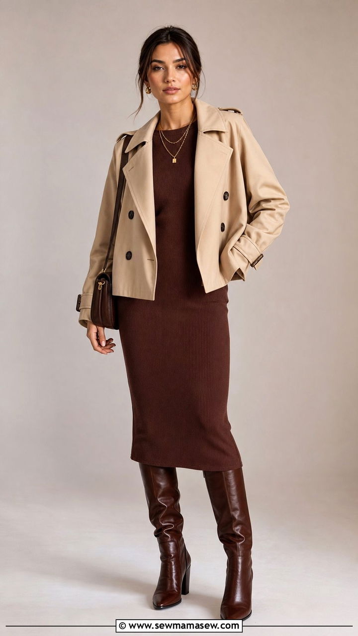 Cropped Trench Coat With A Ribbed Knit Dress And Knee High Boots - 35 casual cropped trench coat outfits