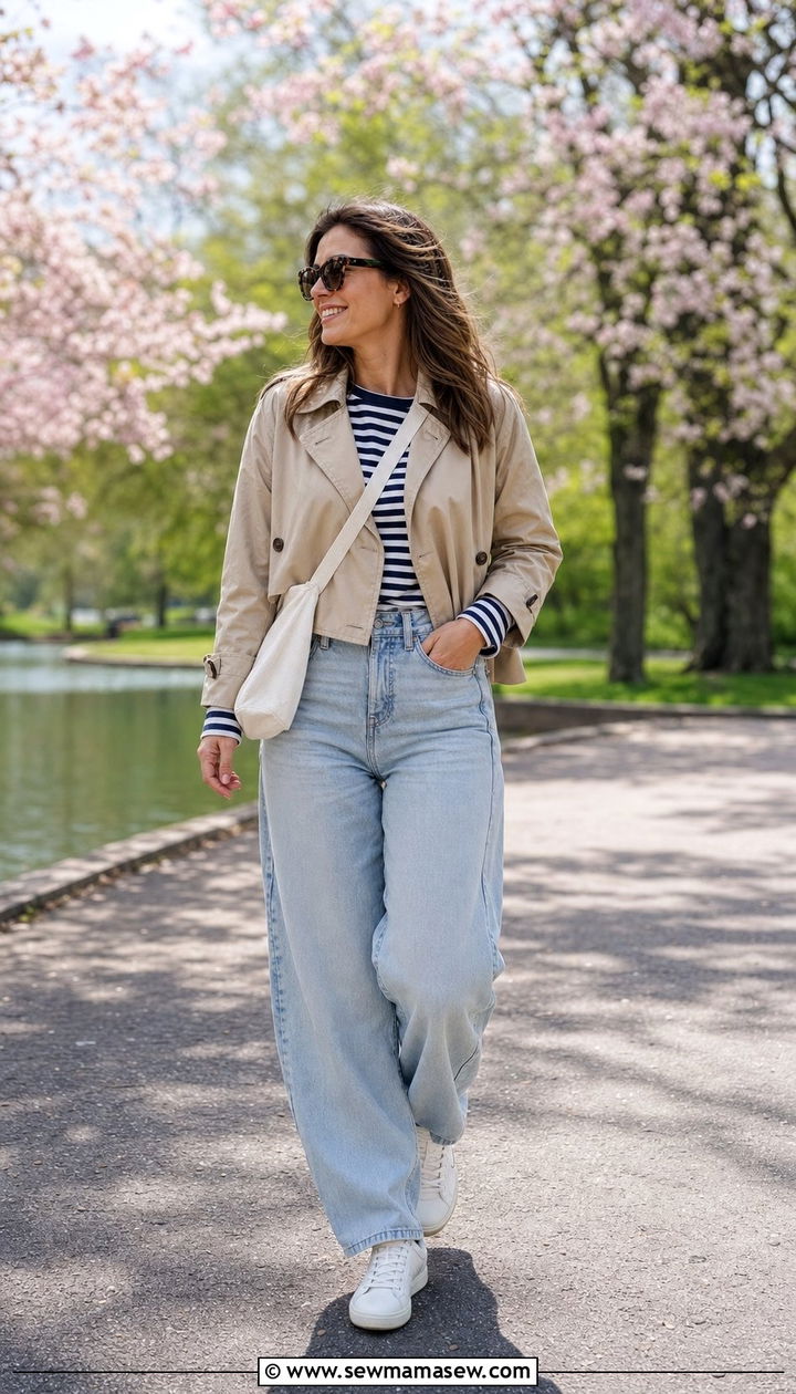 Cropped Trench Coat With A Striped Tee And Barrel Leg Jeans - 35 casual cropped trench coat outfits