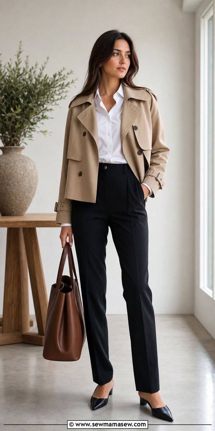 Cropped Trench Coat With A White Button Down And Tailored Pants - 35 casual cropped trench coat outfits