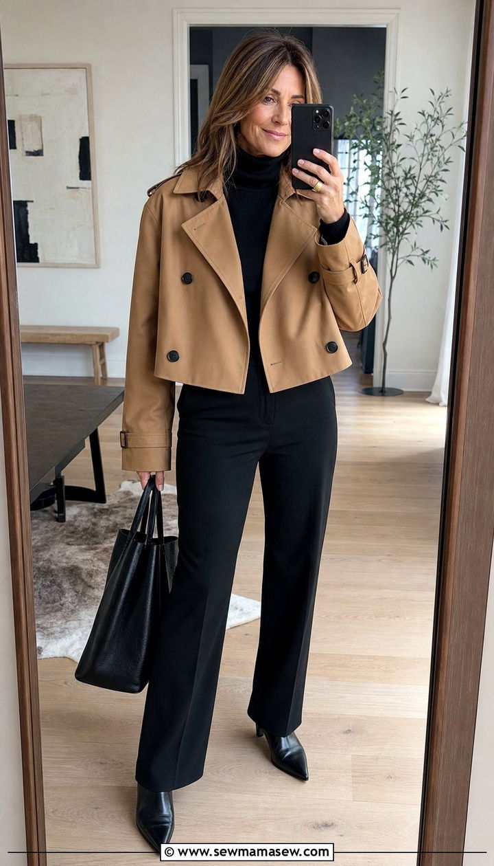 Cropped Trench Coat With All Black Layers For Instant Polish - 25 cropped trench coat outfits for women over 40