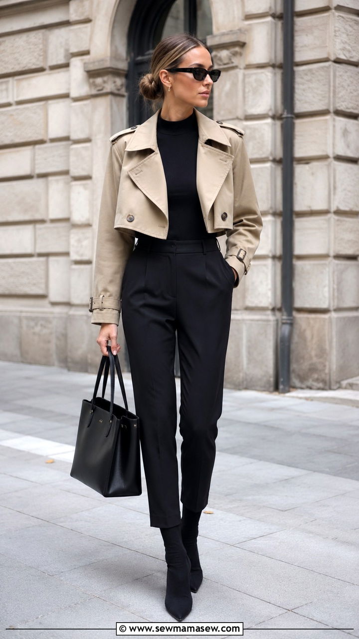 Cropped Trench Coat With All Black Outfit - 30 Short coat outfit ideas