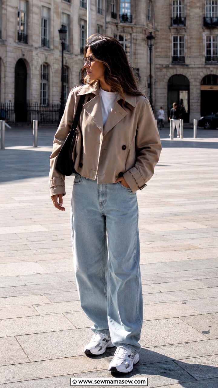 Cropped Trench Coat With Baggy Jeans and Chunky Trainers - 30 Long trench coat outfit ideas with jeans