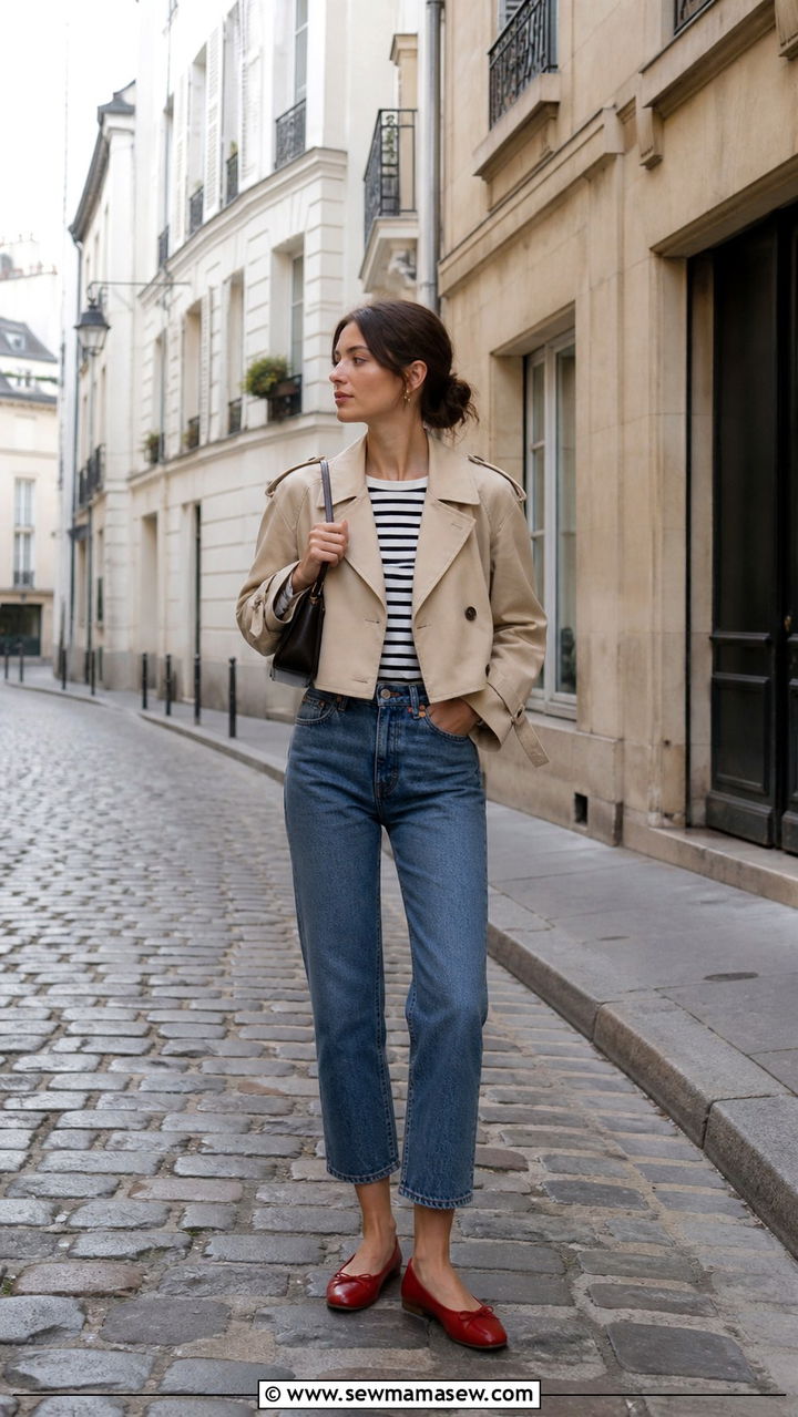 Cropped Trench Coat With Ballet Flats - 40 cropped trench outfits
