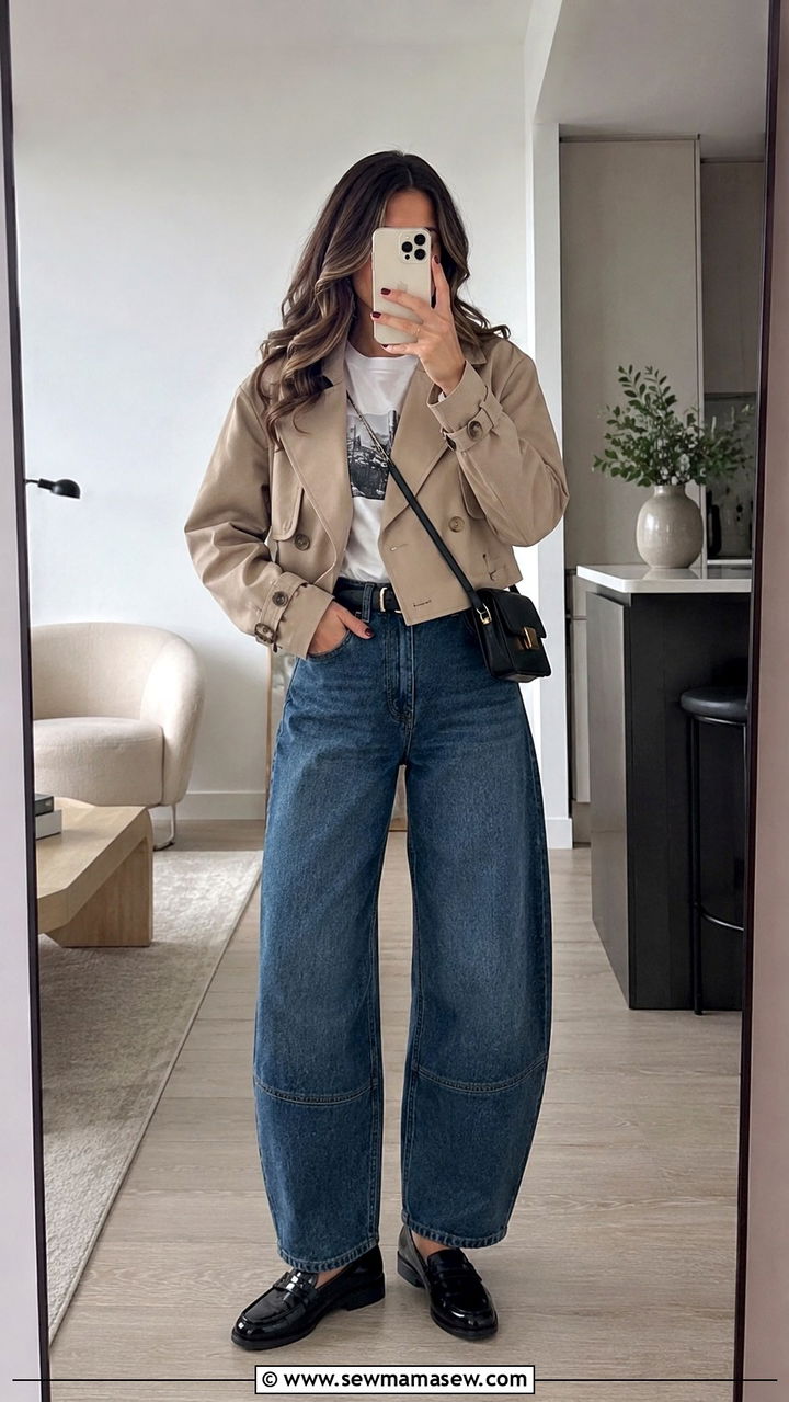 Cropped Trench Coat With Barrel Leg Jeans - 20 Modern spring outfit ideas 2026