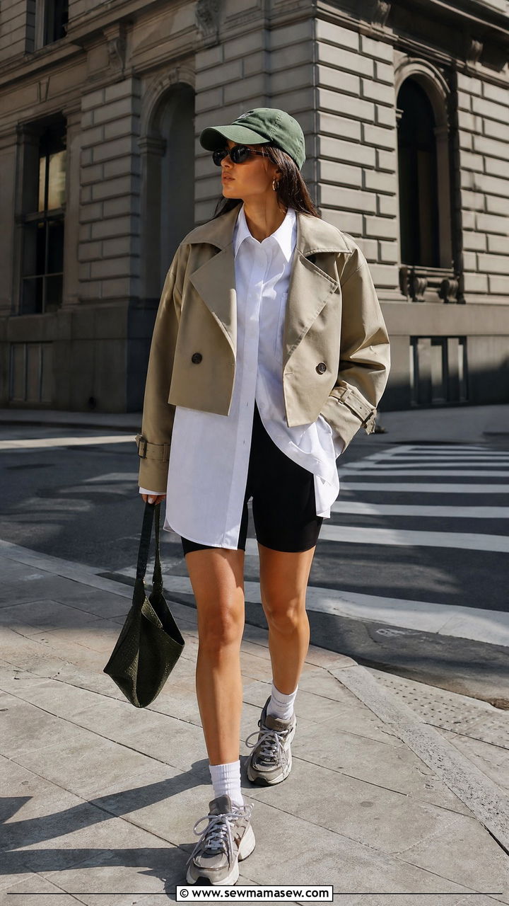Cropped Trench Coat With Biker Shorts And Oversized Button Down - 30 cropped trench coat outfit ideas for women
